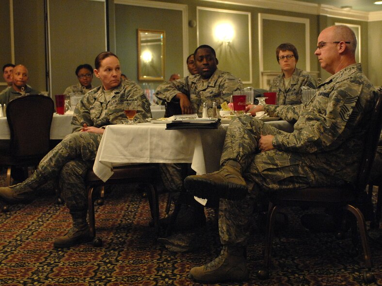 Chief Master Sgt. Michael Morris, command chief of the 55th Wing at Offutt Air Force Base, Neb., poses a question to the Offutt Diversity Team's Voice of the Future Lunch and Learn panel of Airmen in the Patriot Club, Jan. 27, 2016. The panel  gave senior leaders an opportunity to ask about problems facing the younger generation of Airmen. (U.S. Air Force photo/Senior Airman Rachel Hammes)