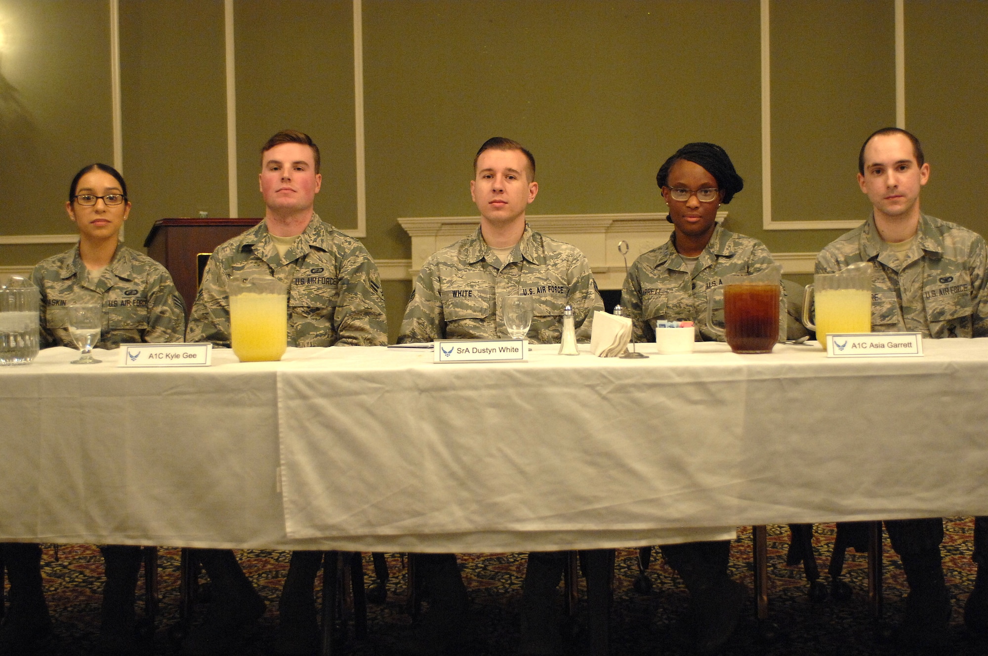 Members of the panel for the Offutt Diversity Team's Voice of the Future Lunch and Learn sit in the Patriot Club, Jan. 27, 2016. The panel, comprised of Airman from Offutt Air Force Base, Neb., gave senior leaders an opportunity to ask about problems facing the younger generation of Airmen. (U.S. Air Force photo/Senior Airman Rachel Hammes)
