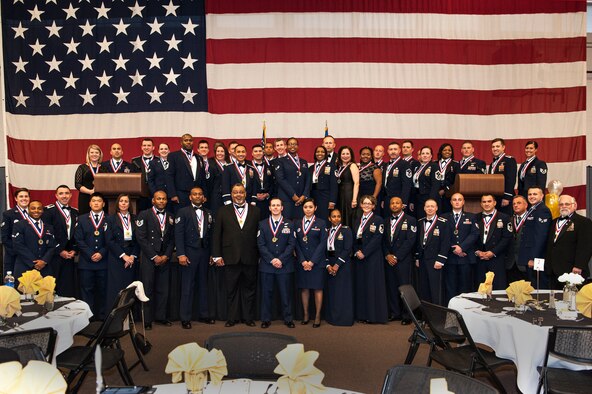Nominees pose for a photo with Moody’s senior leaders during the 2015 Annual Awards Ceremony, Feb. 4, 2016, at Moody Air Force Base, Ga. Moody recognized 11 winners, out of 64 nominees, for their exceptional achievements and service in 2015. (U.S. Air Force photo by Airman 1st Class Lauren M. Johnson/Released)