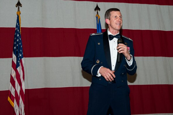 U.S. Air Force Col. Thomas Kunkel, 23d Wing commander, speaks during the 2015 Annual Awards Ceremony, Feb. 4, 2016, at Moody Air Force Base, Ga. Kunkel praised the efforts of all nominees, congratulated each of them for a job well done and encouraged all Airmen to strive to wear a medallion every year. (U.S. Air Force photo by Airman 1st Class Lauren M. Johnson/Released)
