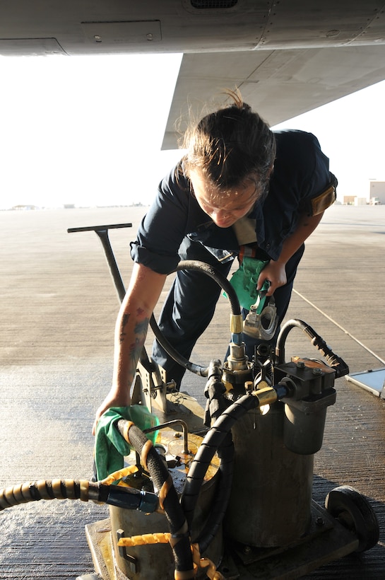 Senior Airman Alexis, 379th Expeditionary Aircraft Maintenance Squadron crew chief, performs a post-flight inspection on a B-1 B Lancer, Jan. 11, at Al Udeid Air Base, Qatar. After a B-1 mission is complete, Alexis and other maintainers, perform several post flight inspections to ensure the aircraft is mission ready. Alexis is deployed from the 307th Expeditionary Aircraft Maintenance Unit at Ellsworth Air Force Base, S.D. (U.S. Air Force photo by Tech. Sgt. Terrica Y. Jones/Released)