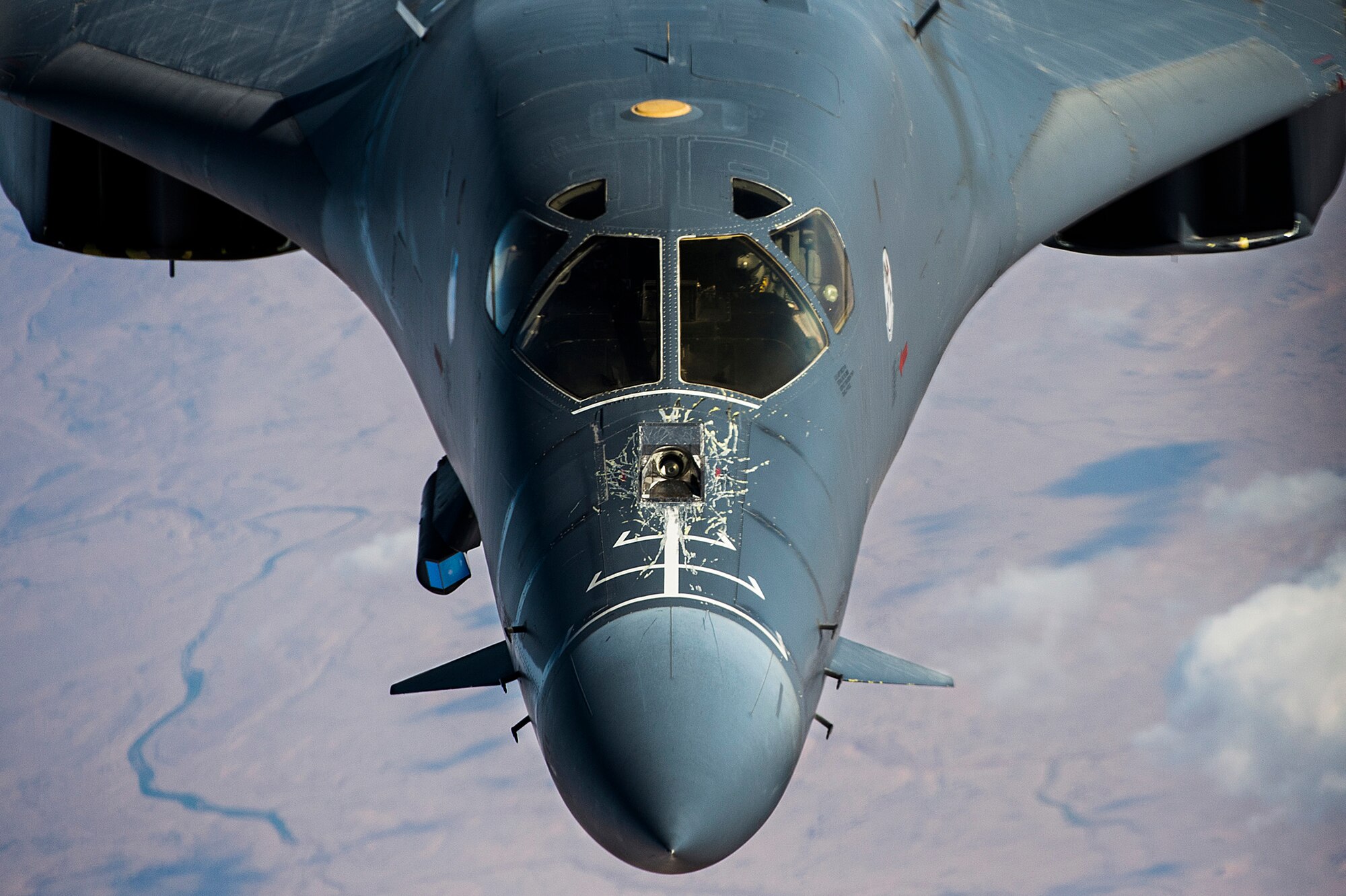 A B-1 bomber assigned to the 37th Expeditionary Bomb Squadron flies over Iraq in support of Operation Inherent Resolve, Dec. 24, 2015. OIR is the coalition intervention against the Islamic State of Iraq and the Levant. (U.S. Air Force photo by Tech. Sgt. Nathan Lipscomb/Released)