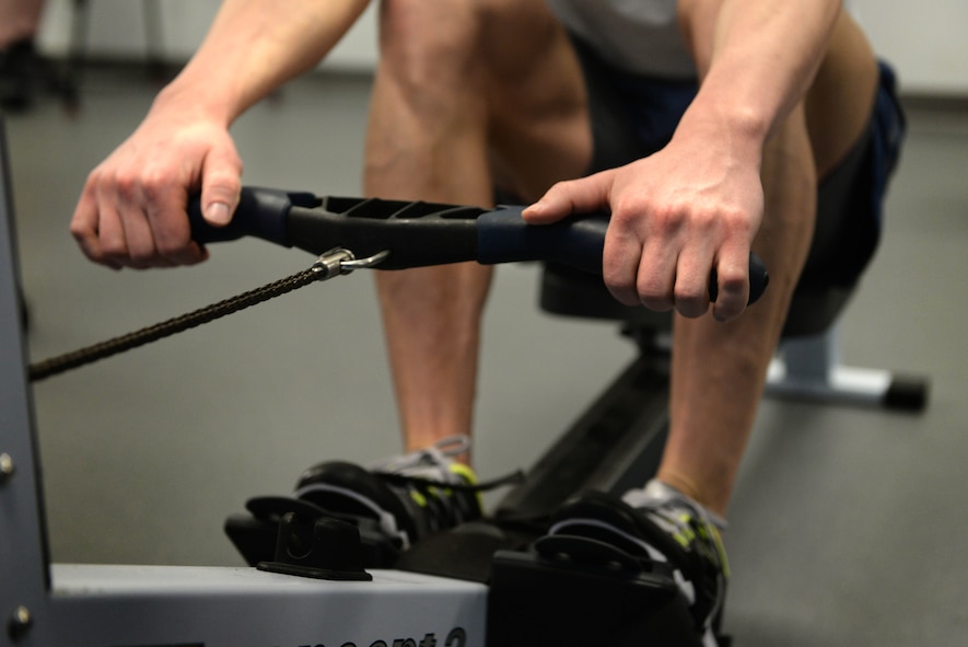 An airman from Minot Air Force Base, N.D., waits to participate in the stationary row portion of the Top Dog competition held Jan. 27, 2016 at the McAdoo Fitness Center. The Top Dog competition is a quarterly competition that tests the strength and endurance of the members of the 91st MSFS. (U.S. Air Force photo/Airman 1st Class Jessica Weissman) 