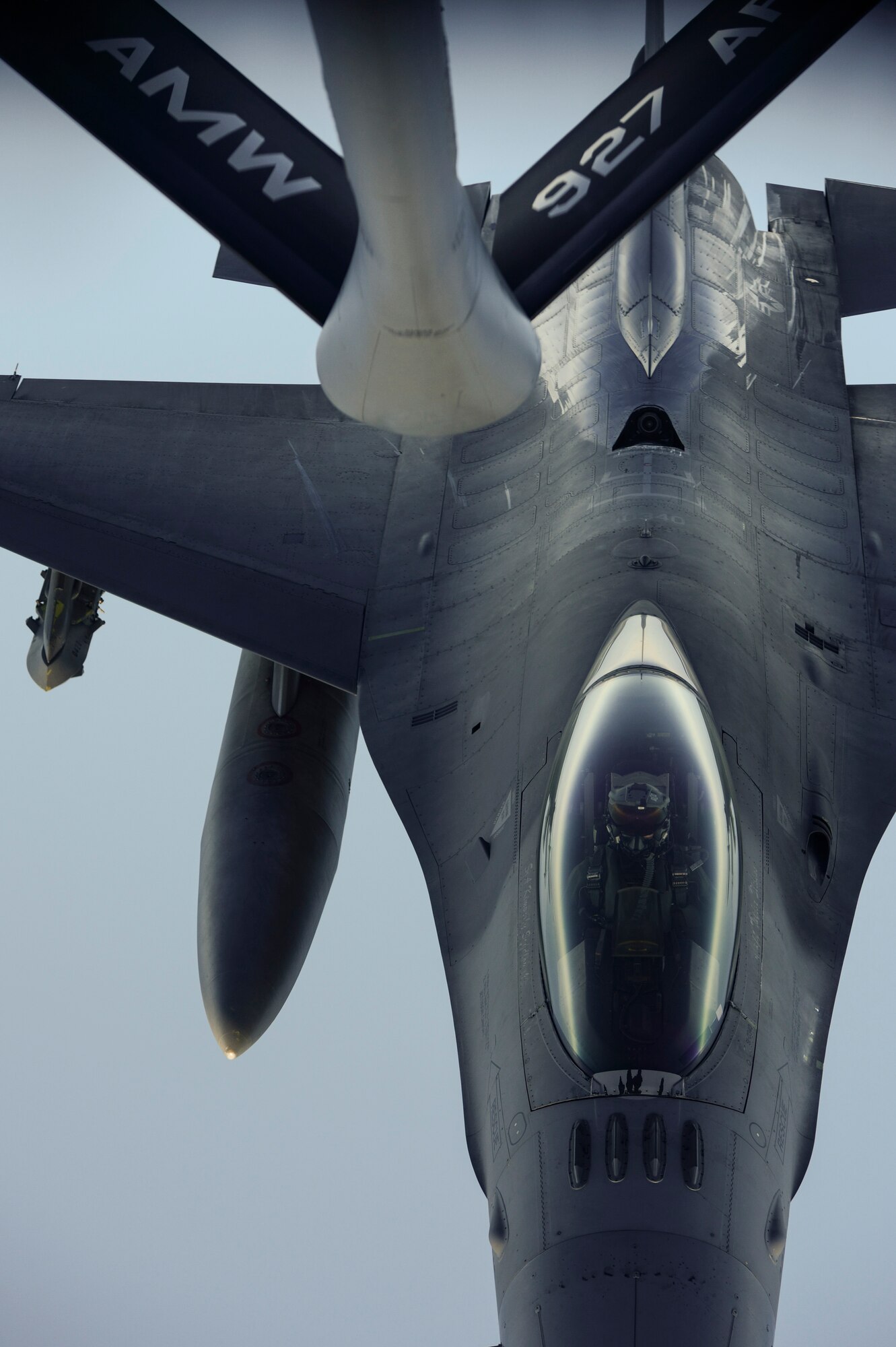 An F-16 Fighting Falcon fighter aircraft assigned to the 480th Expeditionary Fighter Squadron, Spangdahlem Air Base, Germany, lines up for refueling by a KC-135 Stratotanker assigned to the 63rd Air Refueling Squadron, 927th Operations Group at MacDill Air Force Base, Fla., during a flying training deployment at Souda Bay, Greece, Feb. 2, 2016. The 63rd ARS is operating out of Souda Bay Naval Air Station for the duration of the FTD. (U.S. Air Force photo by Staff Sgt. Christopher Ruano/Released)