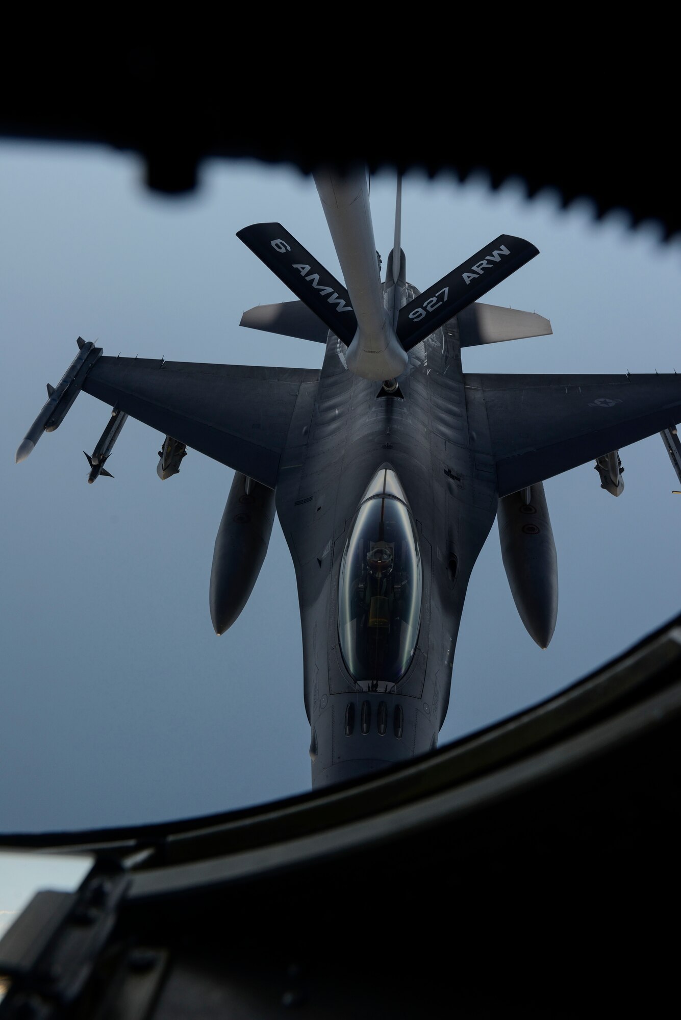 A KC-135 Stratotanker assigned to the 63rd Air Refueling Squadron, 927th Operations Group at MacDill Air Force Base, Fla., refuels an F-16 Fighting Falcon fighter aircraft assigned to the 480th Expeditionary Fighter Squadron, Spangdahlem Air Base, Germany, during a flying training deployment at Souda Bay, Greece, Feb. 2, 2016. Approximately 300 personnel and 18 F-16s from the 52nd Fighter Wing at Spangdahlem Air Base, Germany, will support the FTD as part of U.S. Air Forces in Europe-Air Forces Africa's Forward Ready Now stance. (U.S. Air Force photo by Staff Sgt. Christopher Ruano/Released)