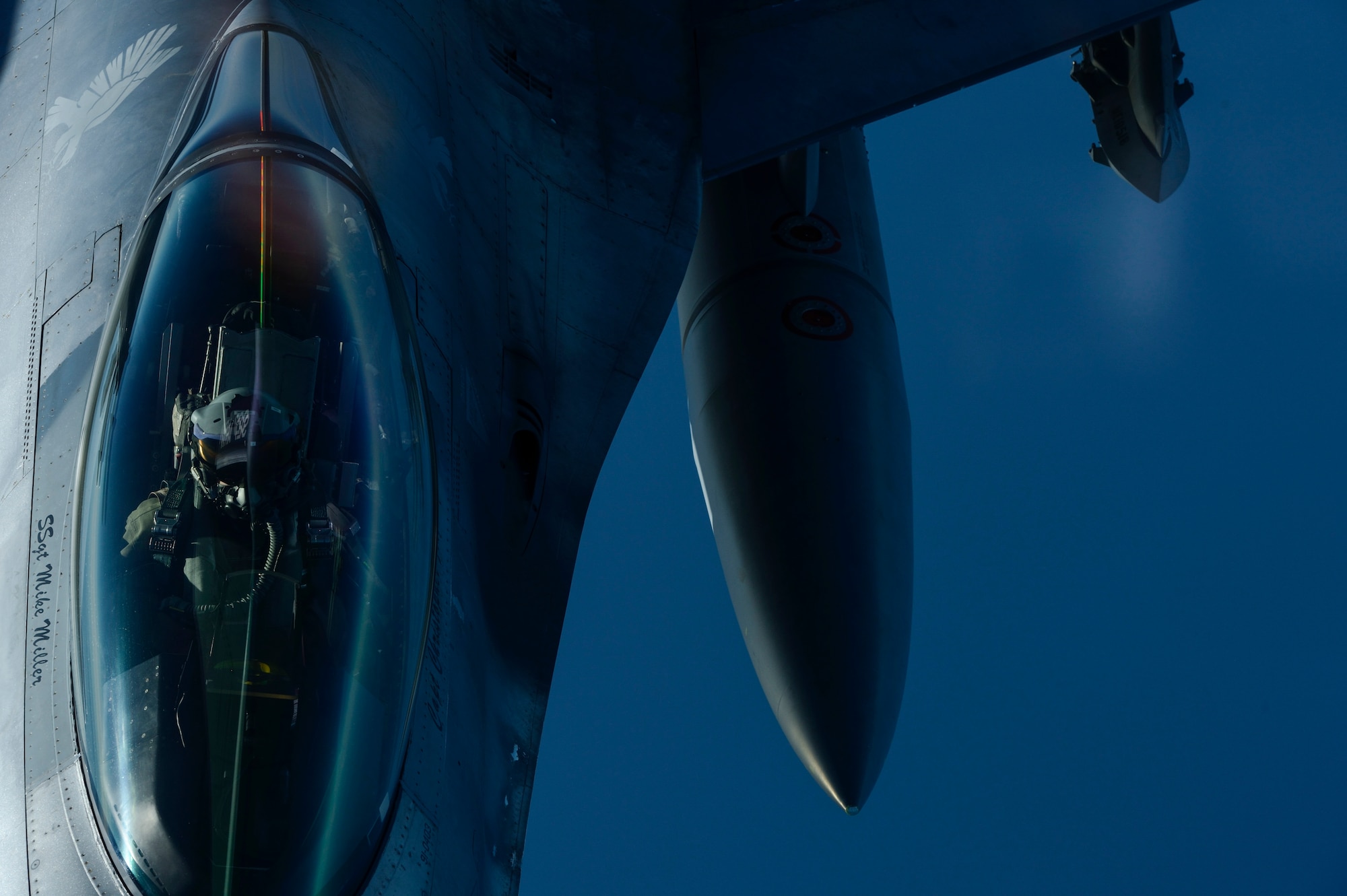 A KC-135 Stratotanker assigned to the 63rd Air Refueling Squadron, 927th Operations Group at MacDill Air Force Base, Fla., refuels an F-16 Fighting Falcon fighter aircraft assigned to the 480th Expeditionary Fighter Squadron, Spangdahlem Air Base, Germany, during a flying training deployment at Souda Bay, Greece, Feb. 2, 2016. The KC-135 extends the operational range and mission capabilities of the F-16 during the FTD. (U.S. Air Force photo by Staff Sgt. Christopher Ruano/Released)