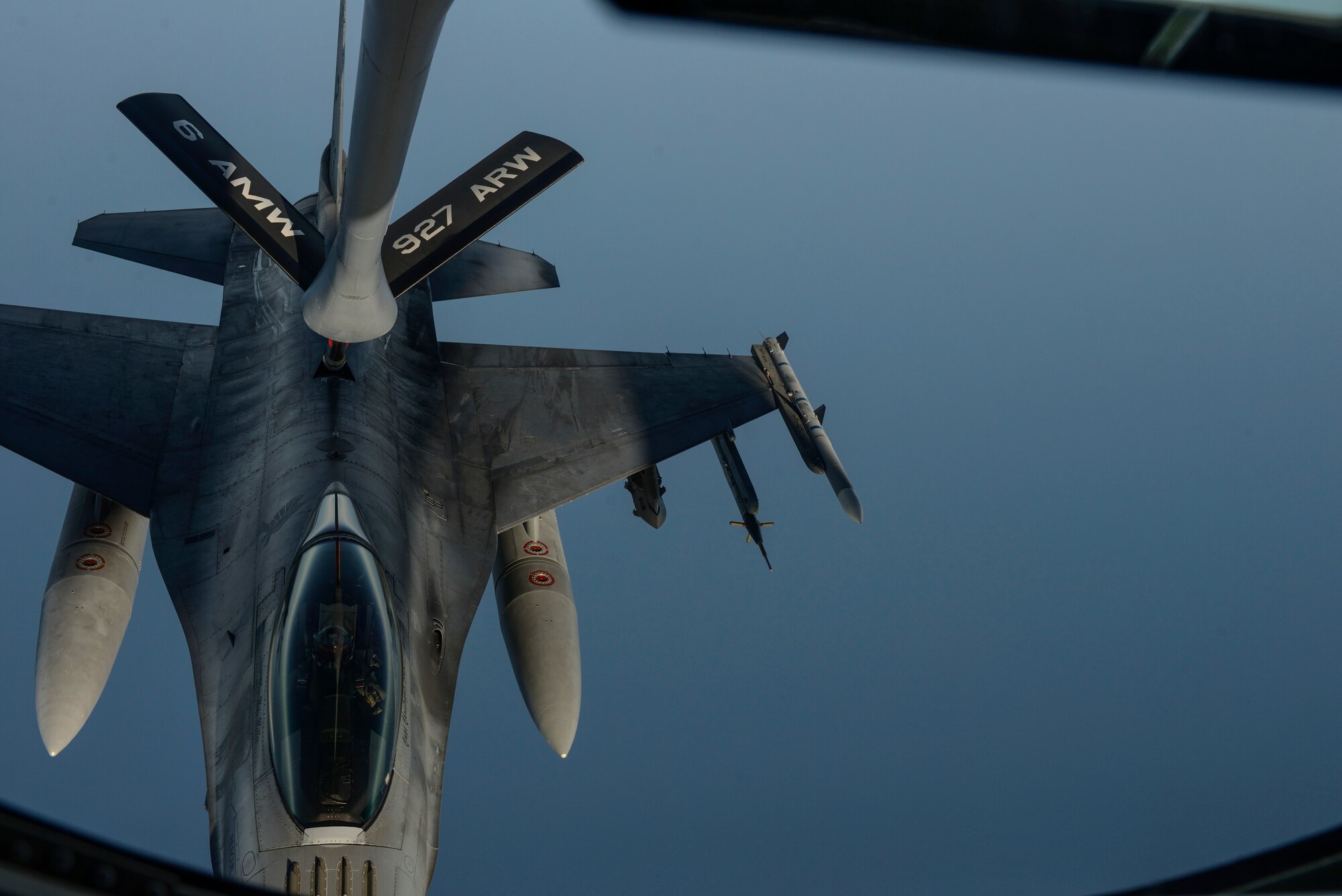 A KC-135 Stratotanker assigned to the 63rd Air Refueling Squadron, 927th Operations Group at MacDill Air Force Base, Fla., refuels an F-16 Fighting Falcon fighter aircraft assigned to the 480th Expeditionary Fighter Squadron, Spangdahlem Air Base, Germany, during a flying training deployment at Souda Bay, Greece, Feb. 2, 2016. The KC-135 extends the operational range and mission capabilities of the F-16 during the FTD. (U.S. Air Force photo by Staff Sgt. Christopher Ruano/Released)