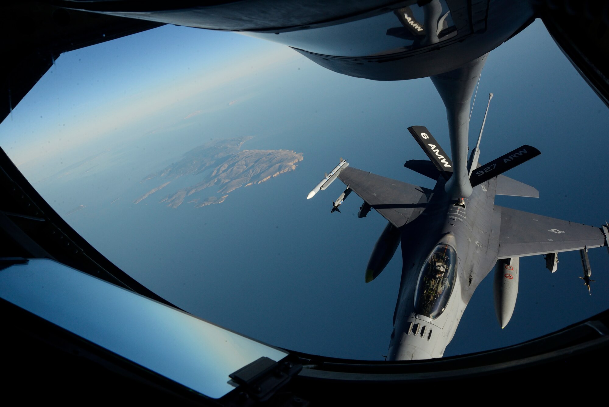 A KC-135 Stratotanker assigned to the 63rd Air Refueling Squadron, 927th Operations Group at MacDill Air Force Base, Fla., refuels an F-16 Fighting Falcon fighter aircraft assigned to the 480th Expeditionary Fighter Squadron, Spangdahlem Air Base, Germany, during a flying training deployment at Souda Bay, Greece, Feb. 2, 2016. The 63rd ARS is operating out of Souda Bay Naval Air Station for the duration of the FTD. (U.S. Air Force photo by Staff Sgt. Christopher Ruano/Released)