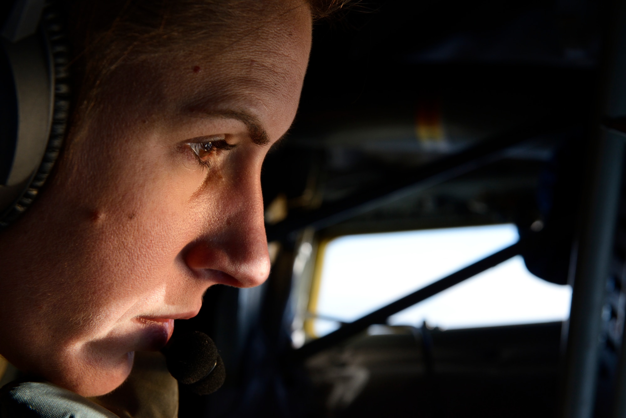 U.S. Air Force Staff Sgt. Brittany Bahner, a KC-135 Stratotanker boom operator assigned to the 63rd Air Refueling Squadron, 927th Operations Group at MacDill Air Force Base, Fla., focuses on attaching the boom to an F-16 Fighting Falcon fighter aircraft assigned to the 480th Expeditionary Fighter Squadron during a flying training deployment at Souda Bay, Greece, Feb. 2, 2016. The plane can deliver 1K gallons of fuel per minute, carry up to 200K pounds of fuel, 83K pounds of cargo and provide air refueling to all branches of service NATO and allied partners. (U.S. Air Force photo by Staff Sgt. Christopher Ruano/Released)