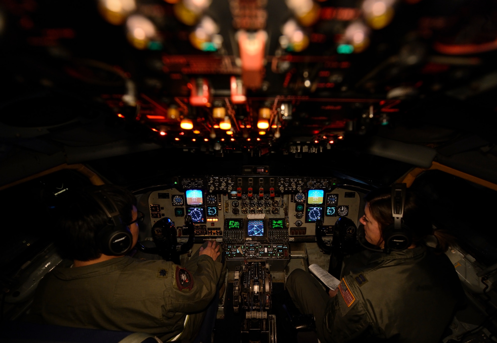 U.S. Air Force Lt. Col. Young Kim, left, and Capt. Shannon Callan, both KC-135 Stratotanker pilots assigned to the 63rd Air Refueling Squadron, 927th Operations Group at MacDill Air Force Base, Fla., begin their preflight checklist during a flying training deployment at Souda Bay, Greece, Feb. 2, 2016. The KC-135 is here in support of the 480th Expeditionary Fighter Squadron’s FTD. The aircraft conducted the training as part of bilateral deployment between Greek and U.S. air forces to develop interoperability and cohesion between the partnering nations. (U.S. Air Force photo by Staff Sgt. Christopher Ruano/Released)