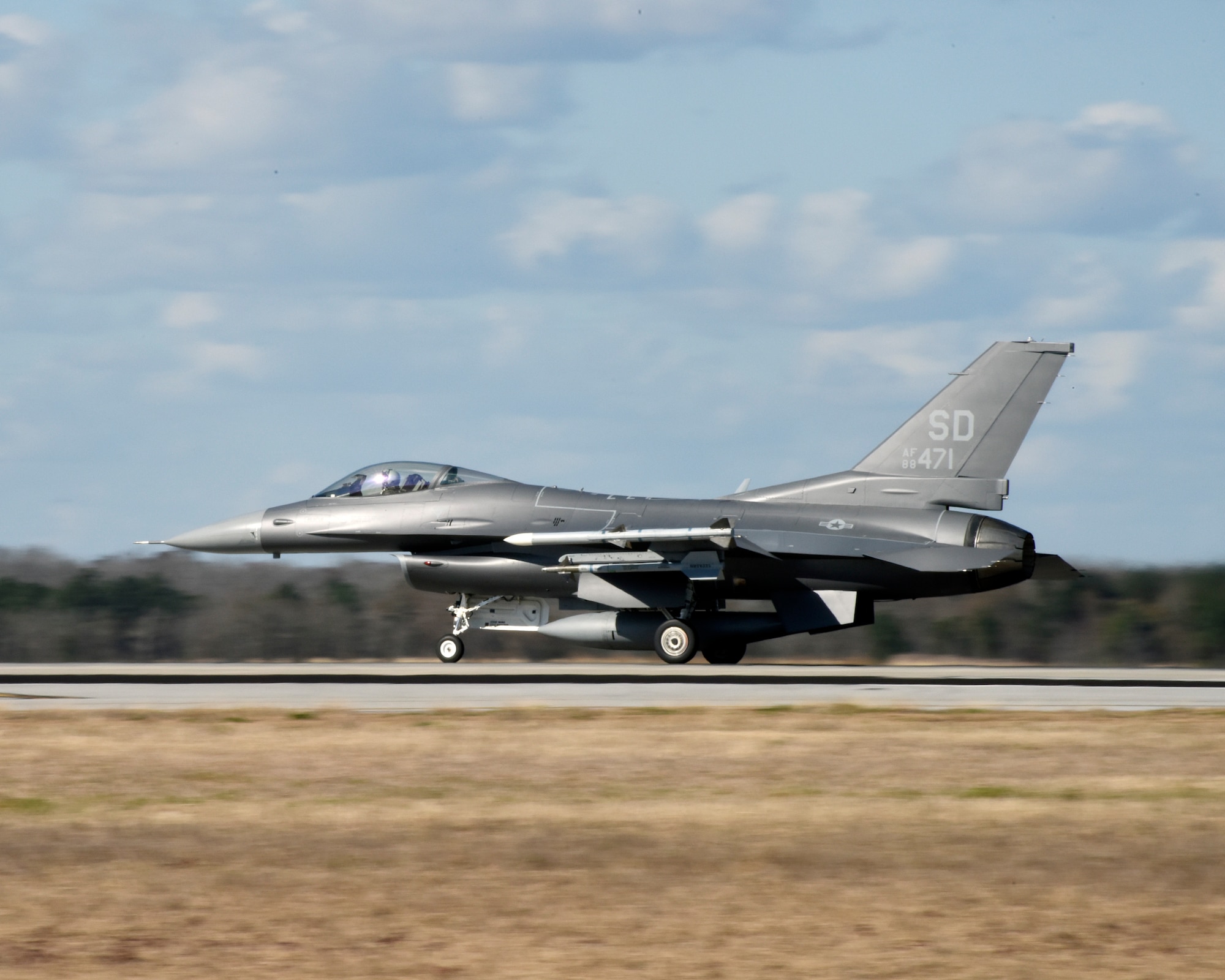 SAVANNAH CRTC, GA - An F-16 from the 114th Fighter Wing, South Dakota Air National Guard launches from the runway at the Savannah CRTC during the Sentry Savannah exercise Feb. 1, 2016.  The unit, along with other units of the Active Air Force and Air National Guard spent two weeks at the CRTC training together. (U.S. Air National Guard photo by Senior Master Sgt. Nancy Ausland/Released)