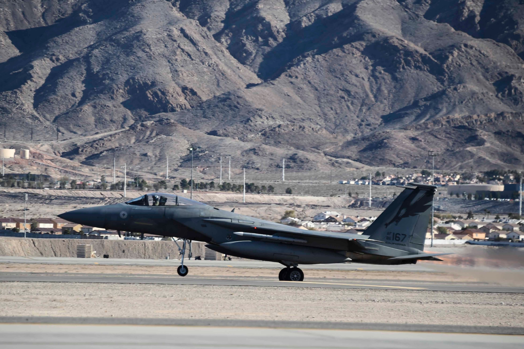 A U.S. Air Force F-15C Eagle assigned to the 144th Fighter Wing, Fresno Air National Guard Base, Calif. takes off at Nellis Air Force Base, Nev. Feb. 3, 2016, as part of Red Flag 16-1. The 144th joined more than 30 units from the U.S. and its allies in this combat training exercise, learning to fight and win together. (U.S. Air National Guard photo by Senior Airman Klynne Pearl Serrano)