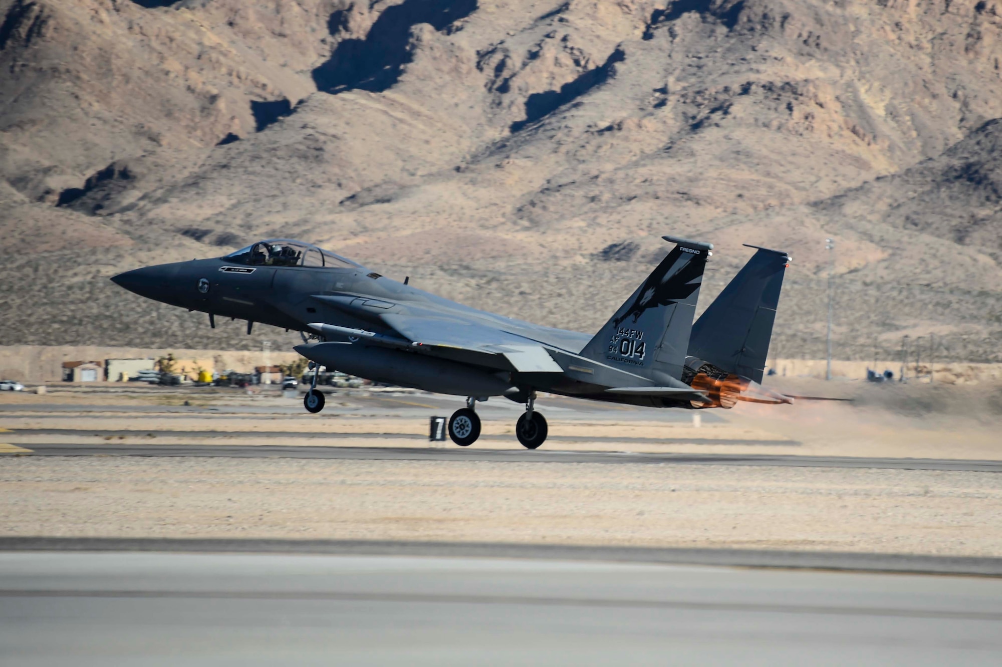 A U.S. Air Force F-15C Eagle assigned to the 144th Fighter Wing, Fresno Air National Guard Base, Calif. takes off at Nellis Air Force Base, Nev. Feb. 3, 2016, as part of Red Flag 16-1. The 144th joined more than 30 units from the U.S. and its allies in this combat training exercise, learning to fight and win together. (U.S. Air National Guard photo by Senior Airman Klynne Pearl Serrano)