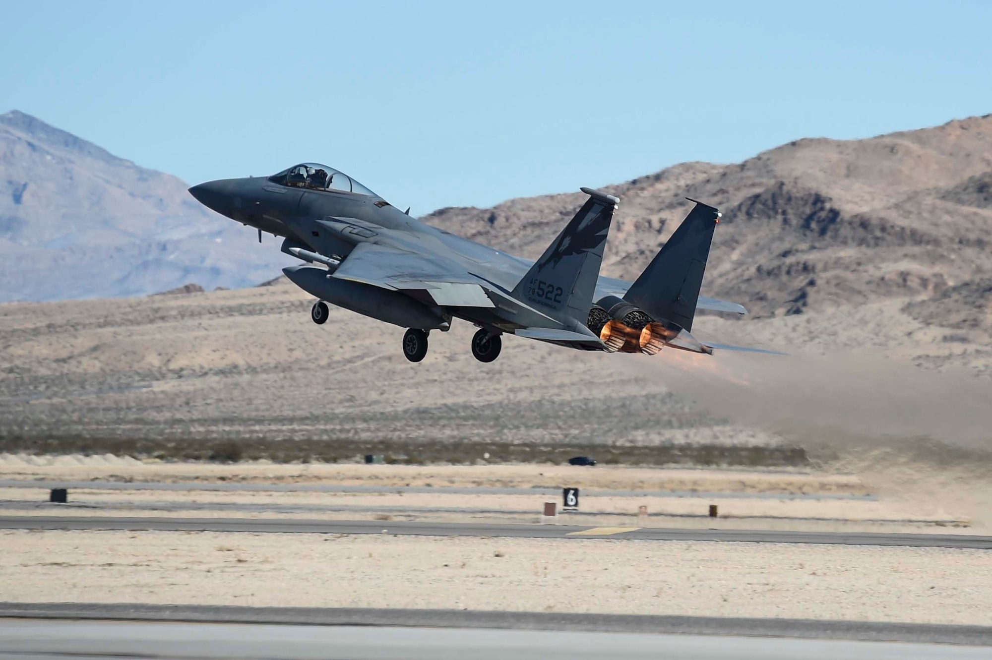 A U.S. Air Force F-15C Eagle assigned to the 144th Fighter Wing, Fresno Air National Guard Base, Calif. takes off at Nellis Air Force Base, Nev. Feb. 3, 2016, as part of Red Flag 16-1. The 144th joined more than 30 units from the U.S. and its allies in this combat training exercise, learning to fight and win together. (U.S. Air National Guard photo by Senior Airman Klynne Pearl Serrano)