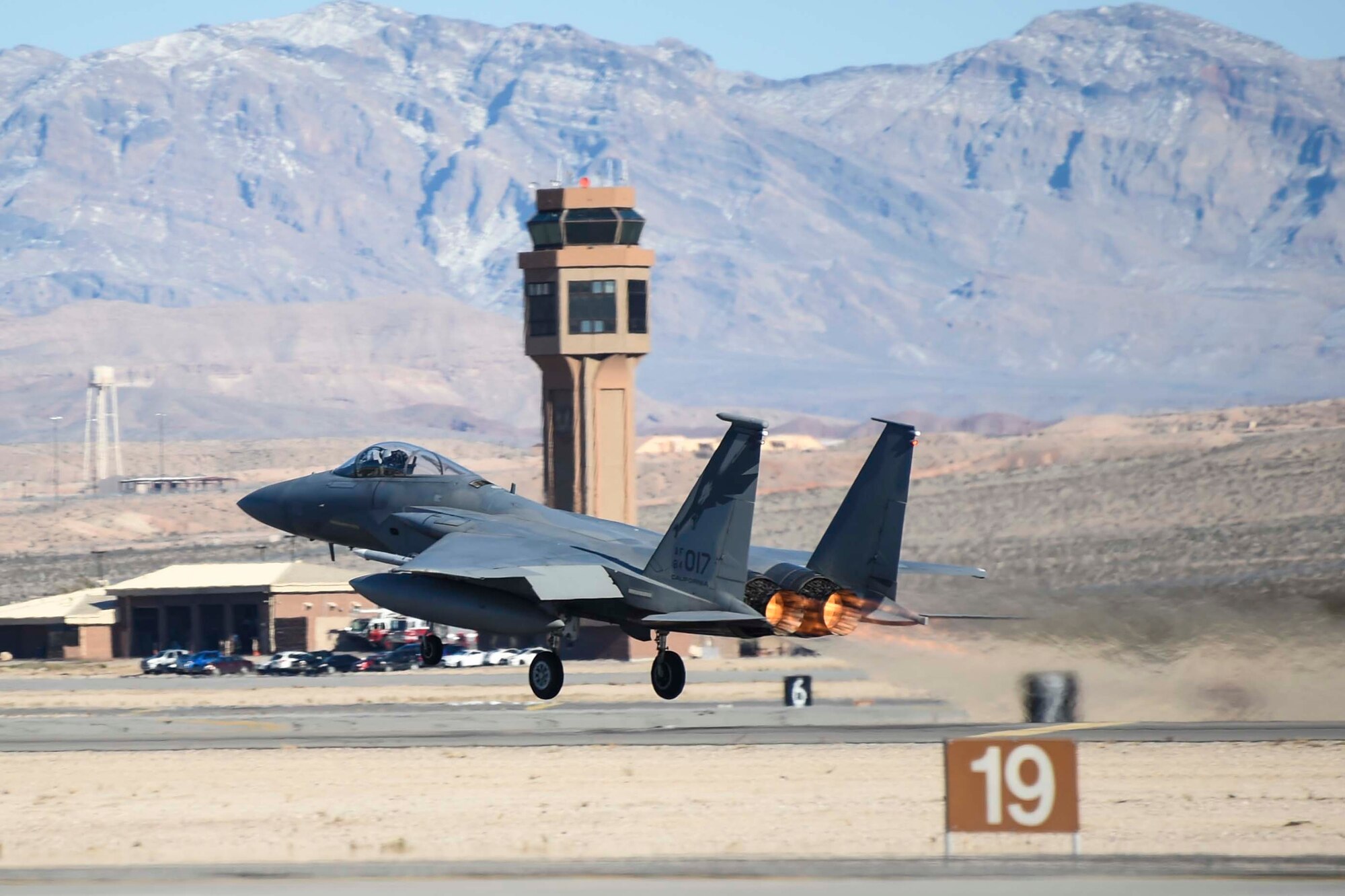 A U.S. Air Force F-15C Eagle assigned to the 144th Fighter Wing, Fresno Air National Guard Base, Calif. takes off at Nellis Air Force Base, Nev. Feb. 3, 2016, as part of Red Flag 16-1. The 144th joined more than 30 units from the U.S. and its allies in this combat training exercise, learning to fight and win together. (U.S. Air National Guard photo by Senior Airman Klynne Pearl Serrano)