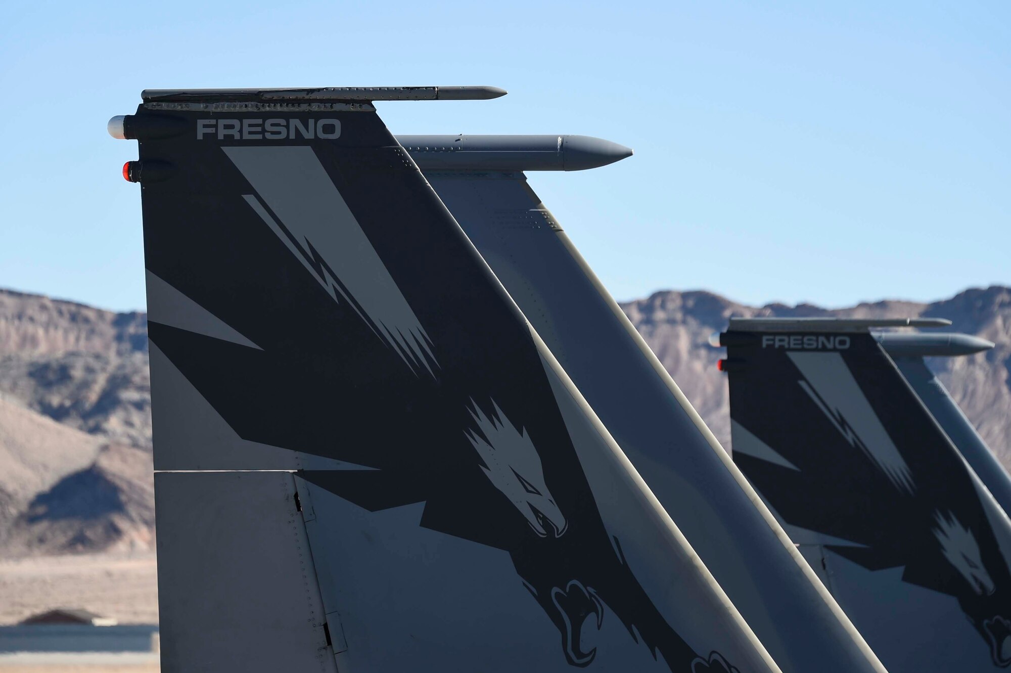 U.S. Air Force F-15C Eagles assigned to the 144th Fighter Wing, Fresno Air National Guard Base, Calif. participate in Red Flag 16-1 held at Nellis Air Force Base, Nev., Jan. 25-Feb. 12. The 144th FW along with more than 30 other units from the U.S. and its allies are participating in this realistic combat training exercise, allowing them the opportunity to train to fight together in a peacetime environment. (U.S. Air National Guard photo by Senior Airman Klynne Pearl Serrano)