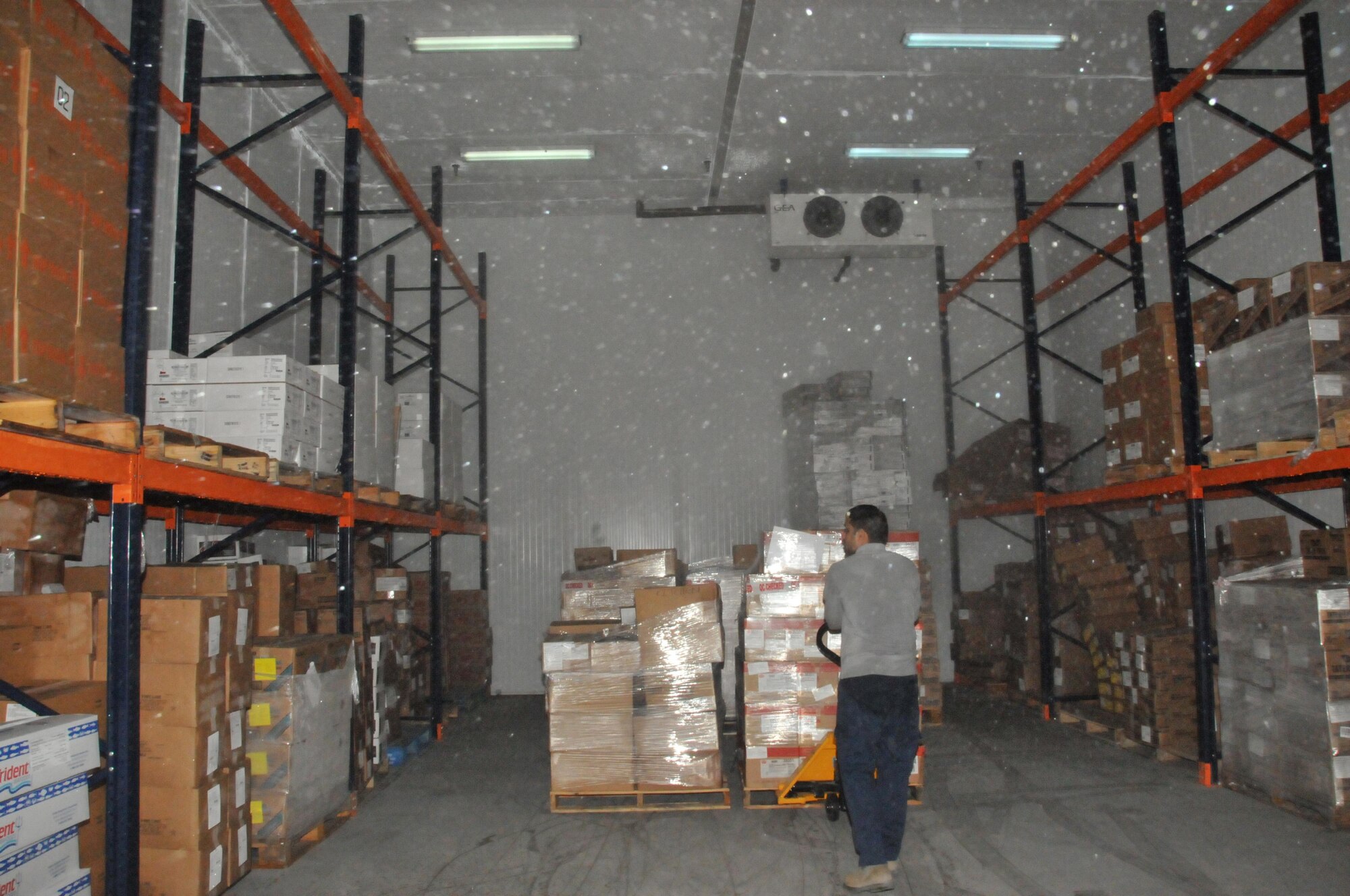 The 379th Expeditionary Force Support Squadron ration warehouse, stores food ordered for the dining facilities and the flight kitchens at Al Udeid Air Base, Qatar. The rations warehouse has two freezers and two chillers to ensure food stays fresh. (U.S. Air Force photo by Tech. Sgt. Terrica Y. Jones/Released)
