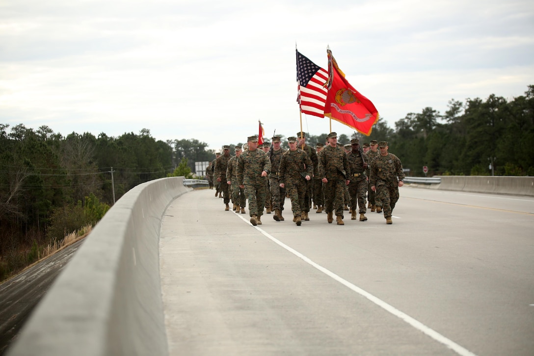 Maj. Gen. Brian D. Beaudreault, commanding general of 2nd Marine Division, leads more than 5,000 service members in the unit’s 75th anniversary parade through downtown Jacksonville, N.C., Feb. 6, 2016. The celebration serves as a time to remember the Marines and sailors who served and continue to serve in 2nd Marine Division, while thanking the local community for their support. (U.S. Marine Corps photo by Cpl. Joey Mendez/Released)