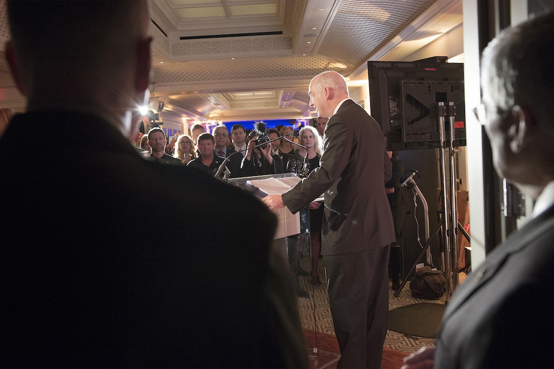 USO President and CEO J.D. Crouch II delivers remarks at the USO 75th anniversary reception in Washington, D.C., Feb. 4, 2016. DoD photo by Navy Petty Officer 2nd Class Dominique A. Pineiro