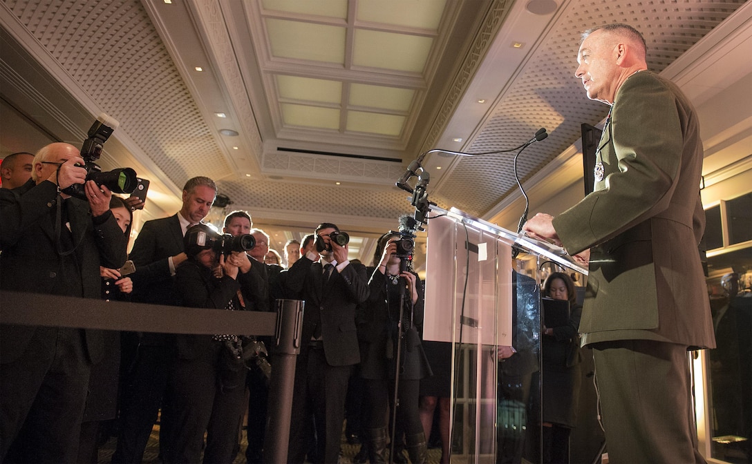 Marine Corps Gen. Joseph F. Dunford Jr., chairman of the Joint Chiefs of Staff, speaks at the USO 75th anniversary reception in Washington, D.C., Feb. 4, 2016. DoD photo by Navy Petty Officer 2nd Class Dominique A. Pineiro