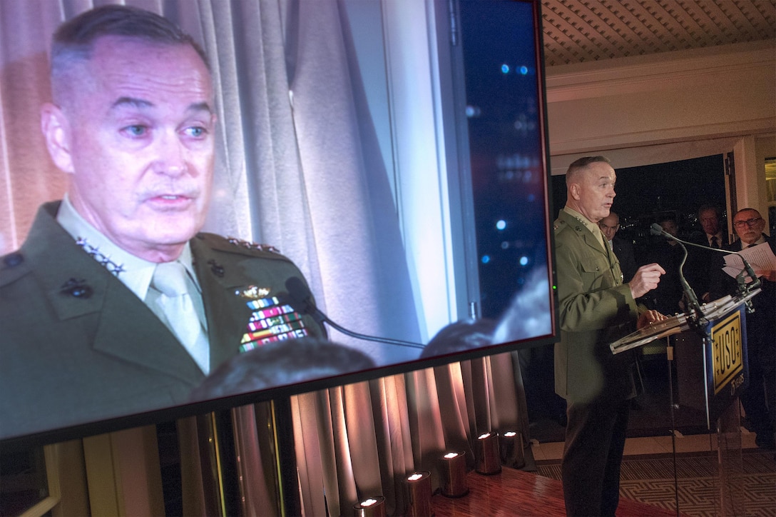 Marine Corps Gen. Joseph F. Dunford Jr., chairman of the Joint Chiefs of Staff, speaks at the USO 75th anniversary reception in Washington, D.C., Feb. 4, 2016. DoD photo by Navy Petty Officer 2nd Class Dominique A. Pineiro