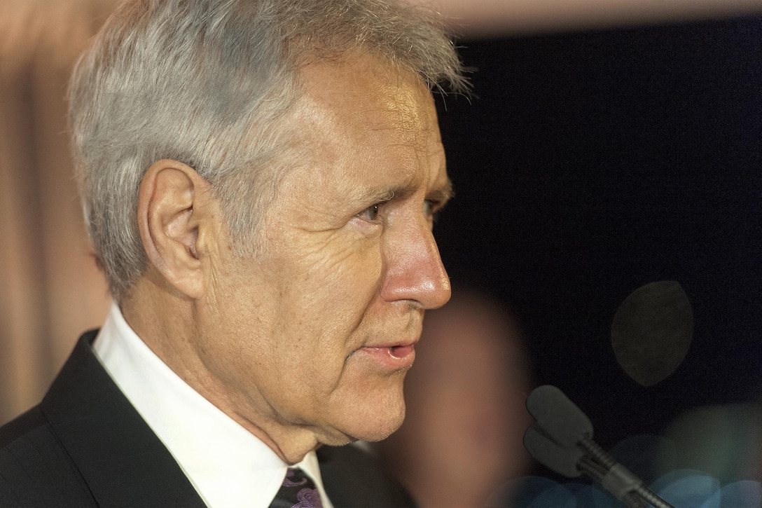 Television personality Alex Trebek delivers remarks at the USO 75th anniversary reception in Washington, D.C., Feb. 4, 2016. DoD photo by Navy Petty Officer 2nd Class Dominique A. Pineiro