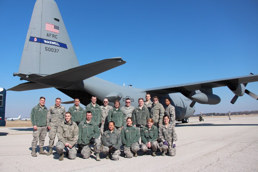 Members of the 932nd Medical Group, 932nd Aeromedical Staging Squadron (ASTS), spent several hours on the flight line during their Unit Training Assembly 6 February, preparing patients and equipment for a training flight in Illinois.  A C-130 aircraft came in from the 908th Airlift Wing located at Maxwell Air Force Base to give the Illinois additional training opportunities.  (U.S. Air Force photo by Maj. Stan Paregien)