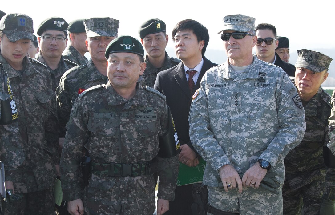 Gen. Curtis M. Scaparrotti, United Nations Command, Combined Forces Command, U.S. Forces Korea commander and Gen. Lee Soon-Jin, Republic of Korea, Chairman of the Joint Chiefs of Staff visit with ROK and US soldiers at the Joint Security Area Feb 6, 2016. The Republic of Korea -U.S. Alliance maintains a truly combined force.  We have effective consultative mechanisms, allowing for a whole-of-government approach. This allows us to remain vigilant and maintain a strong deterrence.  A high degree of readiness is essential to deterring provocations. 