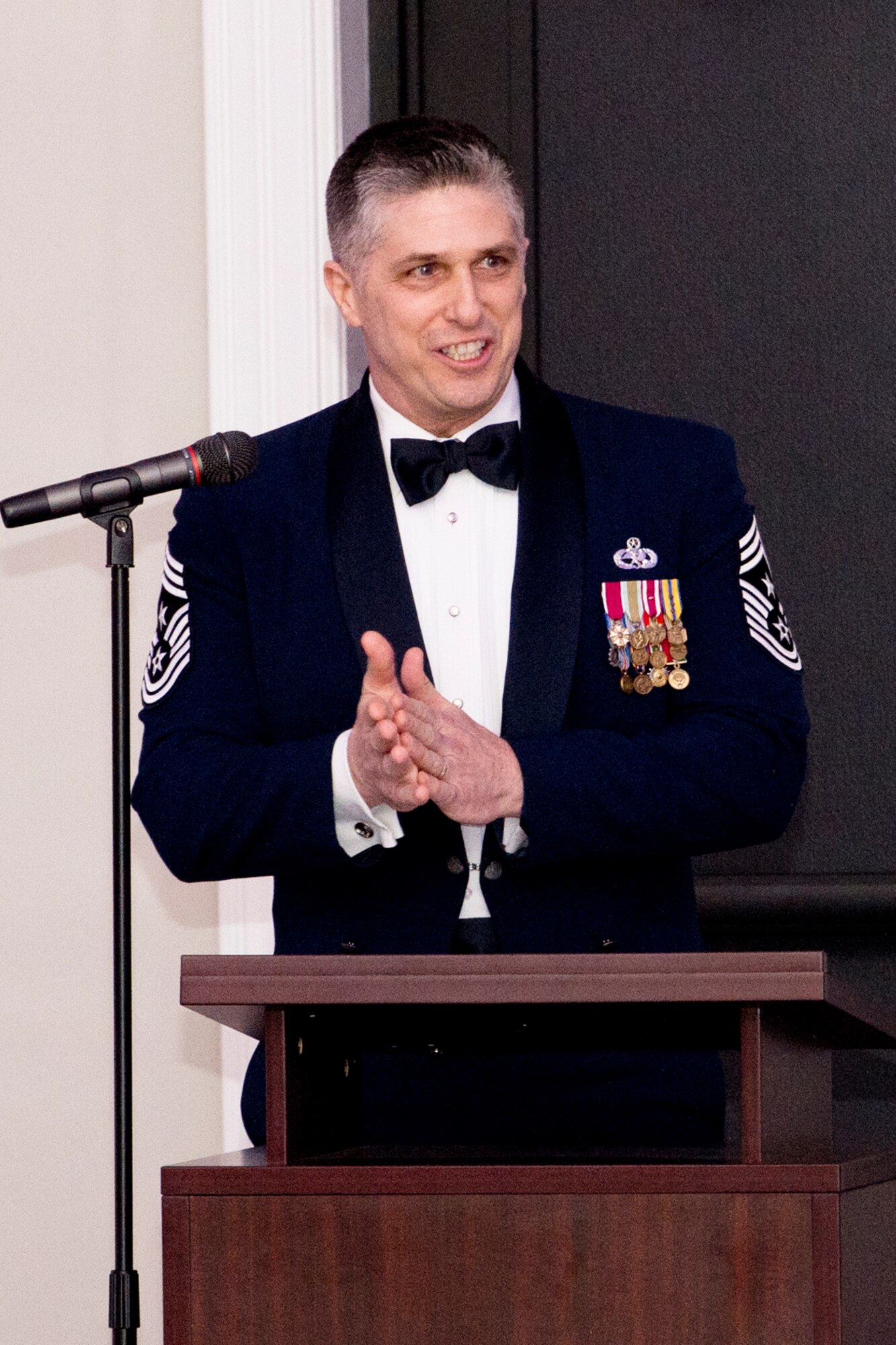 Retired Chief Master Sgt. Eric Jaren speaks to members of the Grissom ARB community during the 2015 annual awards recognition banquet in Kokomo, Ind., Feb. 6, 2016. During the event, Jaren applauded the award winners for their hard work and commitment to the mission. (U.S. Air Force photo/Senior Airman Andrew Crawford)