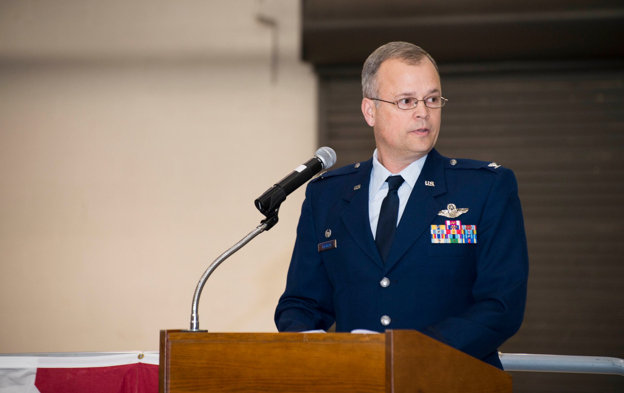 Colonel Brian S. Bowman addresses members of the 914th Airlift Wing during the Assumption of Command ceremony, February 6, 2016, Niagara Falls Air Reserve Station, N.Y. (U.S. Air Force photo by Tech. Sgt. Stephanie Sawyer)  