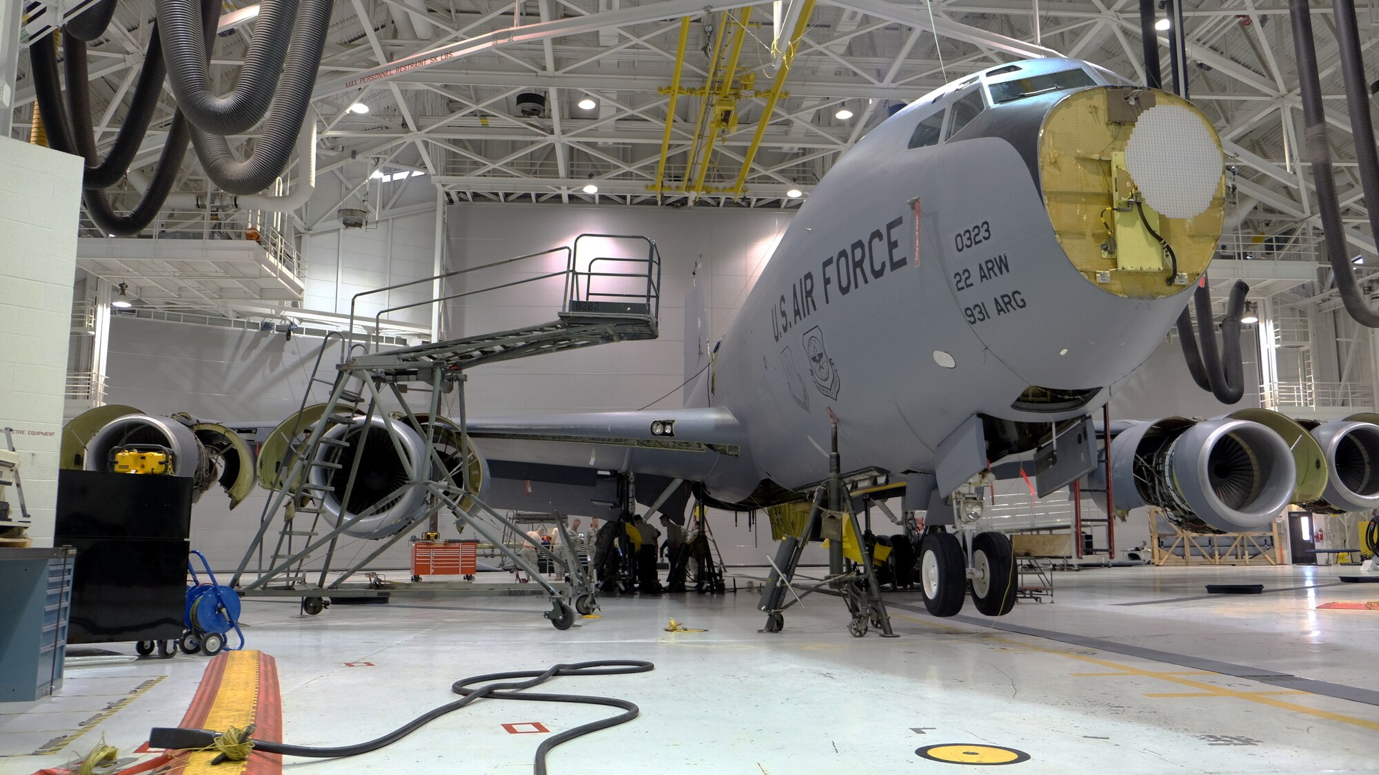 Airmen with the Maintenance Squadron work on a KC-135 Stratotanker during a Unit Training Assembly Feb. 7, 2016, at McConnell Air Force Base, Kan. Airmen were able to alleviate the 22nd Air Refueling Wing workload by addressing several write-ups with the aircraft over the weekend. (U.S. Air Force photo by Senior Airman Preston Webb)