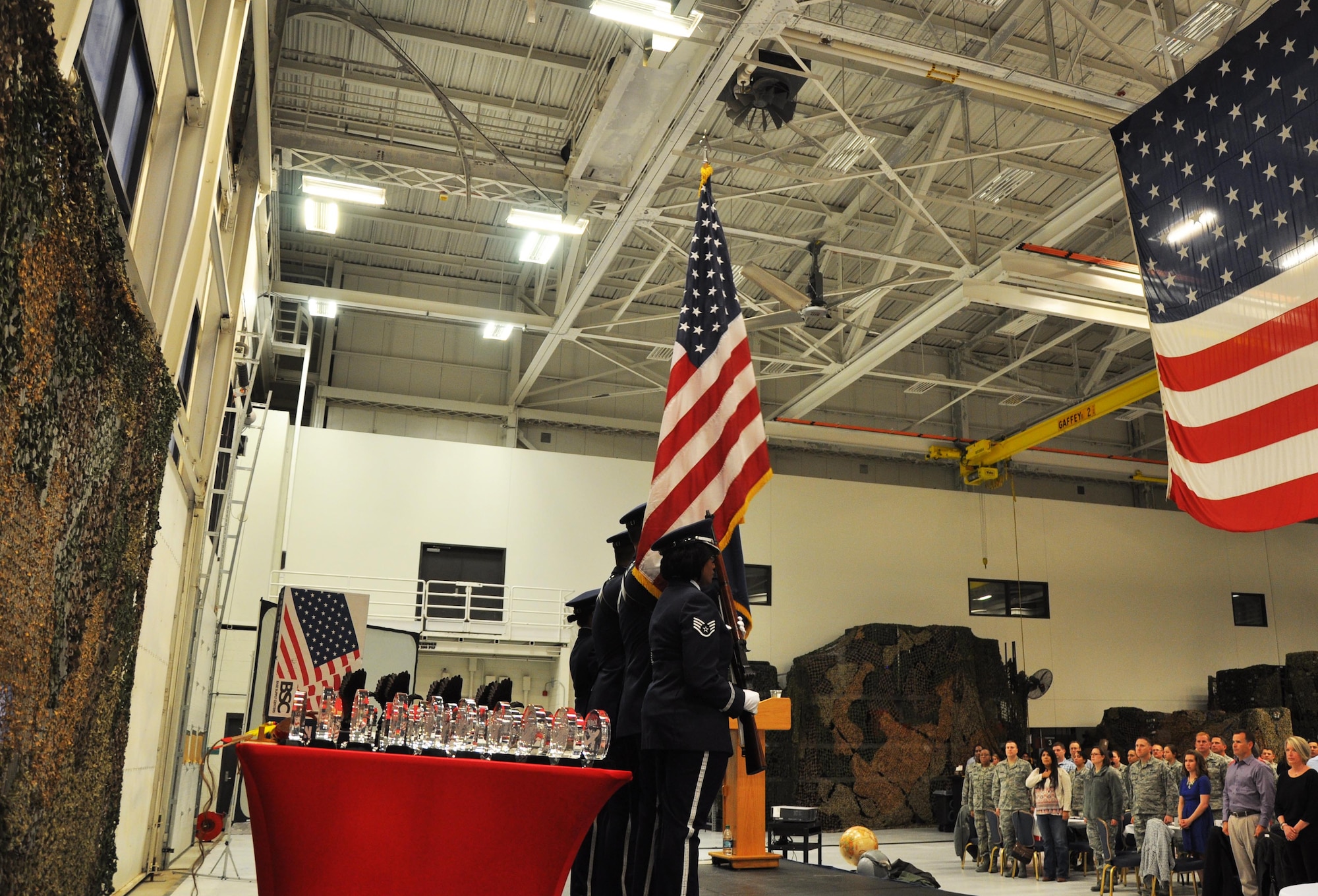 Members of the 184th Intelligence Wing Honor Guard post the colors to kick off the 2016 931st Air Refueling Group Annual Awards Banquet Feb. 6, 2016, at McConnell Air Force Base, Kan.  This was the last ceremony as the 931 ARG, which will become the 931st Air Refueling Wing this year.  (U.S. Air Force photo by Tech. Sgt. Abigail Klein)