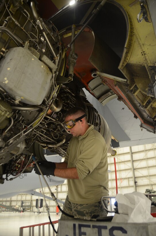 U.S. Air Force Airmen with the Maintenance Group at the 128th Air Refueling Wing, Wisconsin Air National Guard, perform an acceptance inspection on a KC-135R Stratotanker here Feb. 7, 2016. The aircraft recently returned from Tinker Air Force Base, Okla., where heavy aircraft maintenance was performed.  An acceptance inspection incorporates the many capabilities of the 128 ARW Maintenance Group and takes approximately two weeks to complete before final approval to return to flight.  (U.S. Air Force photo by Tech. Sgt. Meghan Skrepenski/Released)