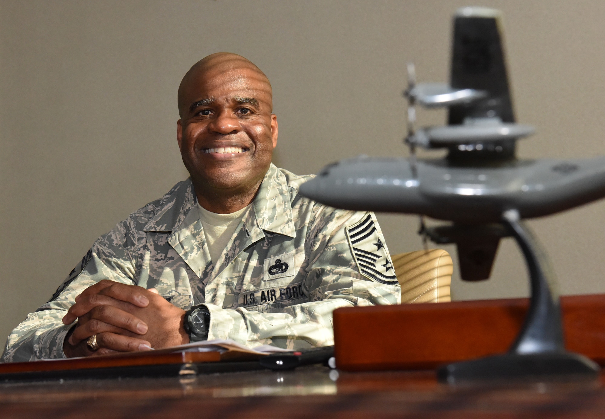 Command Chief Master Sgt. Benjamin M. Williams poses for a photo in his office on Jan. 10, 2016 at Berry Field Air National Guard Base, Nashville, Tenn. Williams recently was promoted to Command Chief Master Sergeant, and has big plans to promote the education and growth of young Airmen. 
