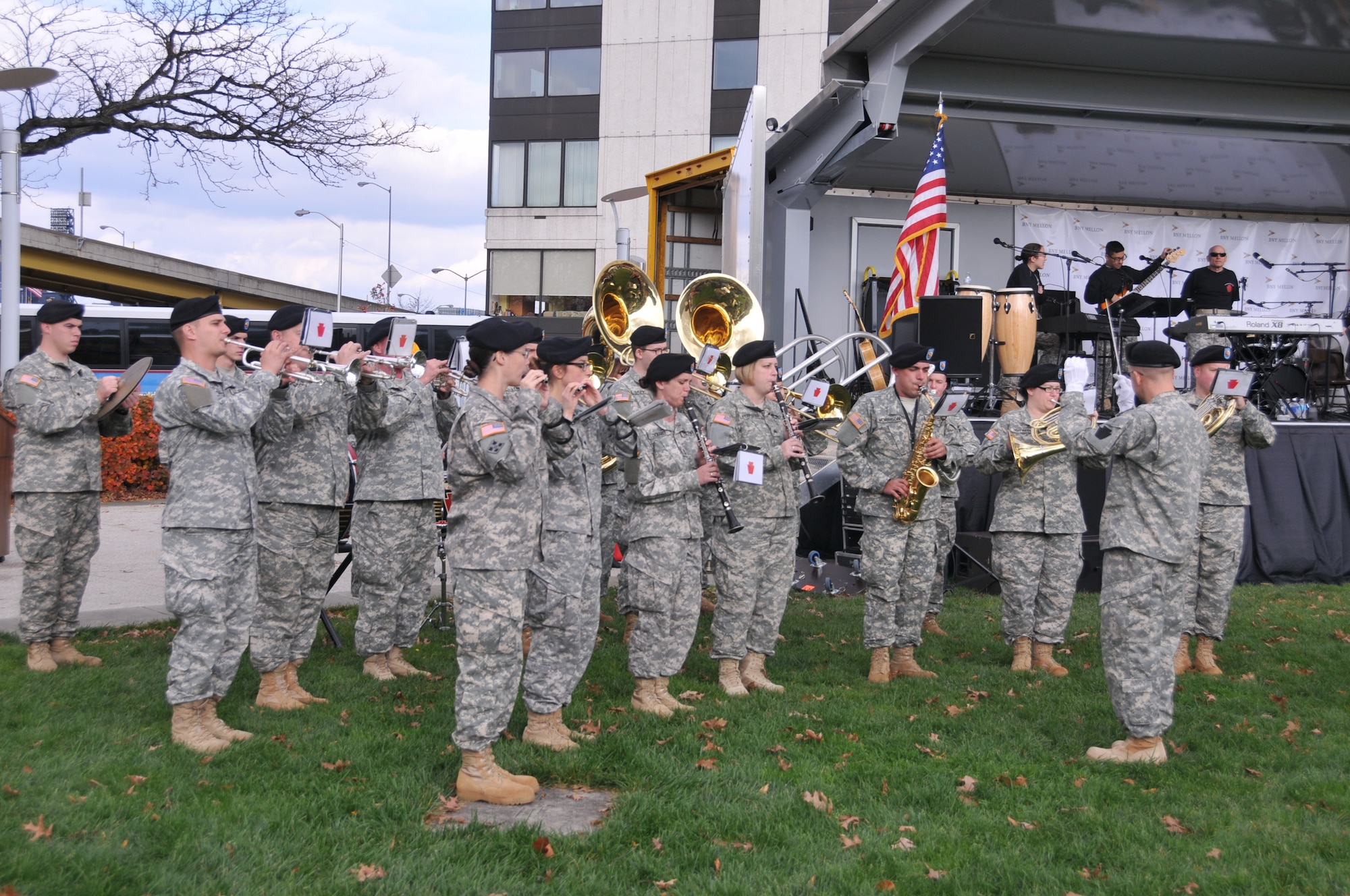 The Pa. Army National Guard 28th Infantry Division Band performs at Steel City Salutes the Troops. The Pennsylvania National Guard joined with the Pennsylvania Department of Conservation of Natural Resources' Point State Park and the Association of the United States Army to organize Steel City Salutes the Troops, Pittsburgh, Nov. 7, 2015. (U.S. Air National Guard Photo by Staff Sgt. Ryan Conley)
