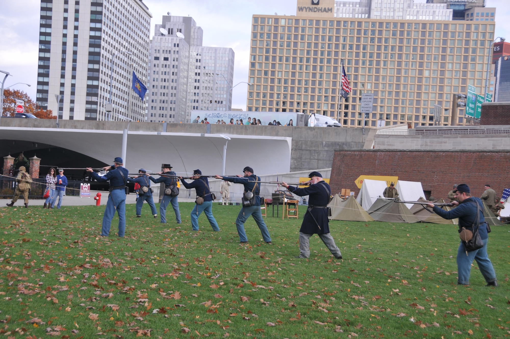 Reenactors from the Civil War fire their weapons. The Pennsylvania National Guard joined with the Pennsylvania Department of Conservation of Natural Resources' Point State Park and the Association of the United States Army to organize Steel City Salutes the Troops, Pittsburgh, Nov. 7, 2015.  (U.S. Air National Guard Photo by Staff Sgt. Ryan Conley)