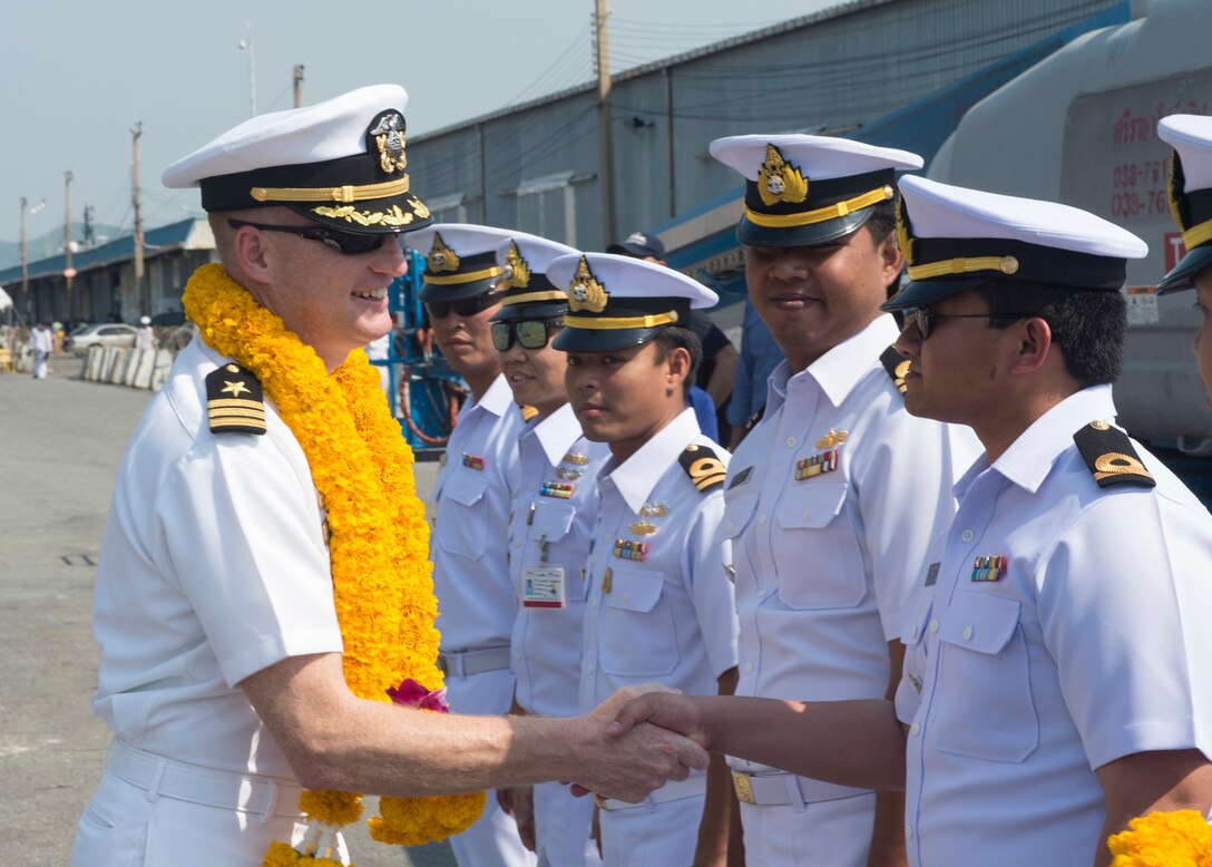 160205-N-RM689-232
SATTAHIP, Thailand (Feb. 05, 2016)- Cmdr. Daniel P. Duhan, left, commanding officer of amphibious dock landing ship USS Ashland (LSD 48), greets members of the Royal Thailand Navy during a tour. Ashland is assigned to the Bonhomme Richard Amphibious Ready Group, and is participating in exercise Cobra Gold 16, a Thai-U.S. co-sponsored multinational joint exercise designed to advance regional security by exercising a robust multinational force from nations sharing common goals and security commitments in the Indo-Asia-Pacific region. 
