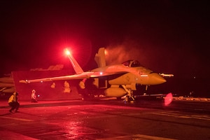 (Dec. 28, 2015) An F/A-18E Super Hornet assigned to the "Fist of the Fleet" of Strike Fighter Squadron (VFA) 25 prepares to launch from the flight deck of the aircraft carrier USS Harry S. Truman (CVN 75). The Harry S. Truman Carrier Strike Group is deployed in support of Operation Inherent Resolve, maritime security operations, and theater security cooperation efforts in the U.S. 5th Fleet area of operations.