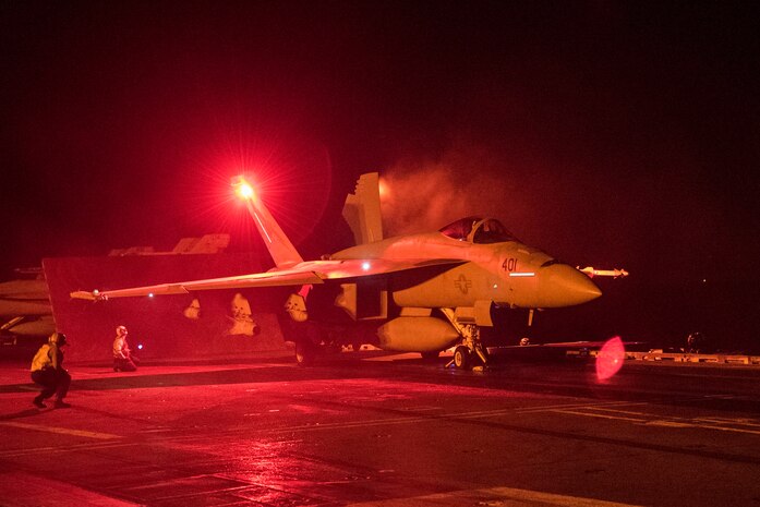 (Dec. 28, 2015) An F/A-18E Super Hornet assigned to the "Fist of the Fleet" of Strike Fighter Squadron (VFA) 25 prepares to launch from the flight deck of the aircraft carrier USS Harry S. Truman (CVN 75). The Harry S. Truman Carrier Strike Group is deployed in support of Operation Inherent Resolve, maritime security operations, and theater security cooperation efforts in the U.S. 5th Fleet area of operations.