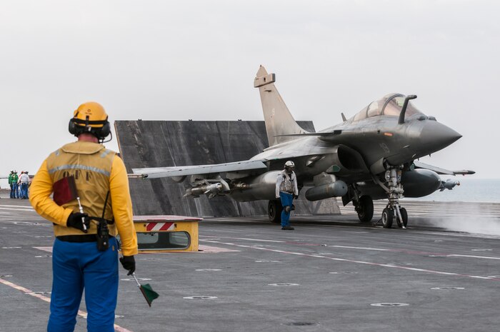 (Dec. 20, 2015) A French Rafale Marine aircraft prepares to launch from the flight deck of the aircraft carrier FS Charles de Gaulle (R 91) as the French Navy begins their missions in the Arabian Gulf supporting Operation Inherent Resolve on Dec. 20. In a move that demonstrates the interoperability and partnership between the naval forces of the U.S. and France, the French Navy is leading carrier-based naval strike operations for Commander U.S. Naval Forces Central Command in support of Operation Inherent Resolve – the fight to degrade and ultimately destroy the ISIL terrorist organization.