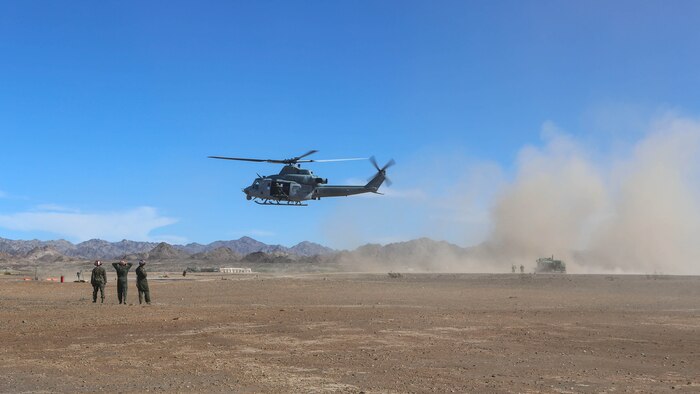 Marines with Marine Light Attack Helicopter Squadron 267 land a UH-1Y Huey to refuel during exercise Scorpion Fire 1-16 aboard Navy Air Facility El Centro, Calif., Jan. 25, 2016. HMLA-267 supported the exercise with close air support and live-fire capabilities, Jan. 25 to Feb. 5, 2016.