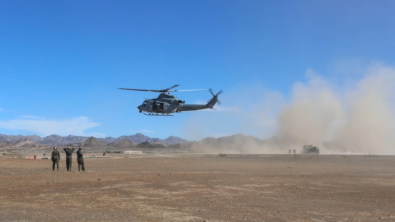 Marines with Marine Light Attack Helicopter Squadron 267 land a UH-1Y Huey to refuel during exercise Scorpion Fire 1-16 aboard Navy Air Facility El Centro, Calif., Jan. 25, 2016. HMLA-267 supported the exercise with close air support and live-fire capabilities, Jan. 25 to Feb. 5, 2016.
