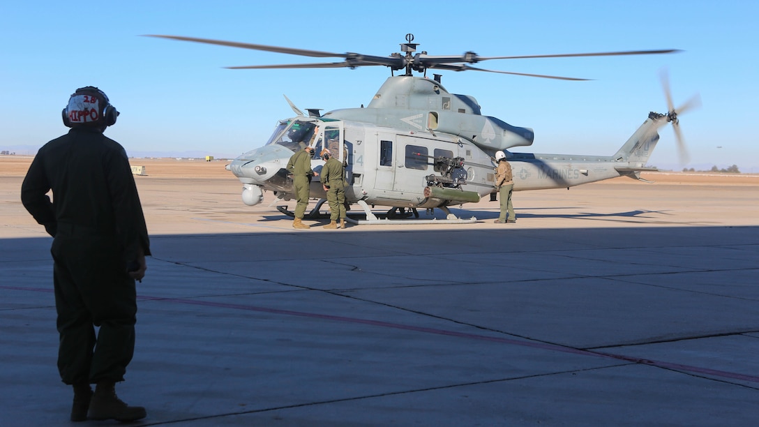 Marines with Marine Light Attack Helicopter Squadron 267 land a UH-1Y Huey during exercise Scorpion Fire 1-16 aboard Navy Air Facility El Centro, Calif. Jan. 25, 2016. HMLA-267 supported the exercise with close air support and live-fire capabilities, Jan. 25 to Feb. 5, 2016.