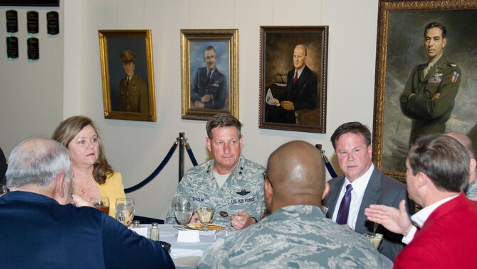 Maj. Gen. Derek P. Rydholm, director, A5A8 (Plans, Programs, Requirements, Assessments), Air Force Reserve, and the leaders of Team Robins enjoy lunch with the members of the Middle Georgia Military Affairs Committee  at the Museum of Aviation, Robins AFB, Ga, Feb 5, 2016. The mission of the Committee, through a coordinated effort of surrounding Chambers of Commerce, is to strengthen and enhance community relationships with civilian and military Airmen of Robins Air Force Base, with a focus on contact, resulting in a positive impact on the Airmen and their families. (U.S. Air Force photo by Robert Helton)