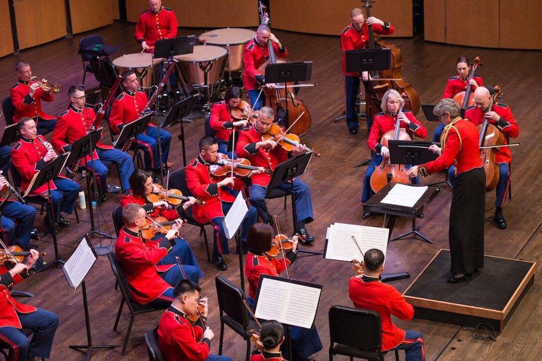 The Marine Chamber Orchestra performed the concert "What's In a Nickname?," featuring Haydn's The Miracle Symphony, Mozart's Jupiter Symphony, and Carl Nielsen's Flute Concerto, on Sunday, Feb. 7 at Northern Virginia Community College's Schlesinger Concert Hall in Alexandria. (U.S. Marine Corps photo by Staff Sgt. Brian Rust/released)