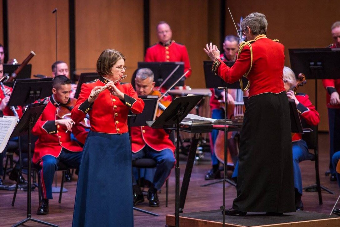 The Marine Chamber Orchestra performed the concert "What's In a Nickname?," featuring Haydn's The Miracle Symphony, Mozart's Jupiter Symphony, and Carl Nielsen's Flute Concerto, on Sunday, Feb. 7 at Northern Virginia Community College's Schlesinger Concert Hall in Alexandria. (U.S. Marine Corps photo by Staff Sgt. Brian Rust/released)