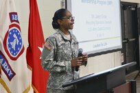 Army Sgt. 1st Class Stacy Muse, the Army Reserve operations noncommissioned officer in charge, gives a speech in front of recruiters and unit representatives. Recruiters gathered around the Armed Forces Reserve Center in Forest Park, Ill., Jan. 9, 2016.