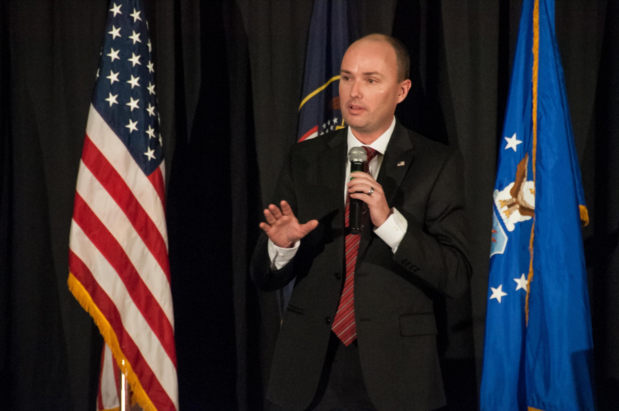 Utah Lt. Gov. Spencer Cox speaks to a crowd of Airmen, families, business leaders, and wing alumni during the 419th Fighter Wing's Airmen of the Year banquet at Davis Conference Center in Layton Feb. 6. (U.S. Air Force photo/Airman 1st Class Justin Fuchs)