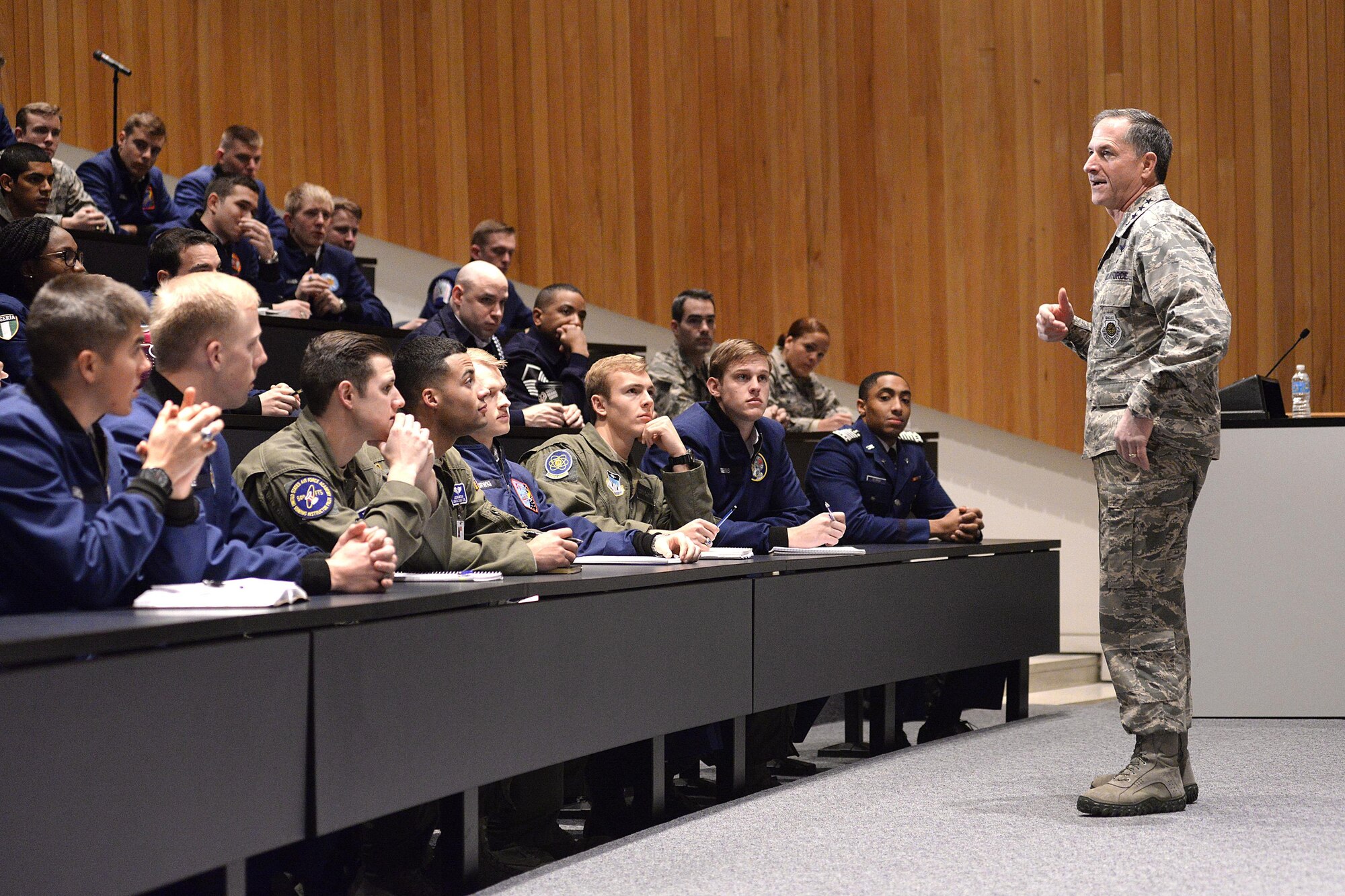Air Force Vice Chief of Staff Gen. David Goldfein discusses the
value of commitment to a higher cause with a group of senior leaders and cadets at the U.S. Air Force Academy Jan. 27, 2016. Gen. Goldfien hosted two large group discussions for Total Force Airmen and cadets where he spoke on commitment and the high demand for their special talents. (U.S. Air Force
photo/Mike Kaplan)

