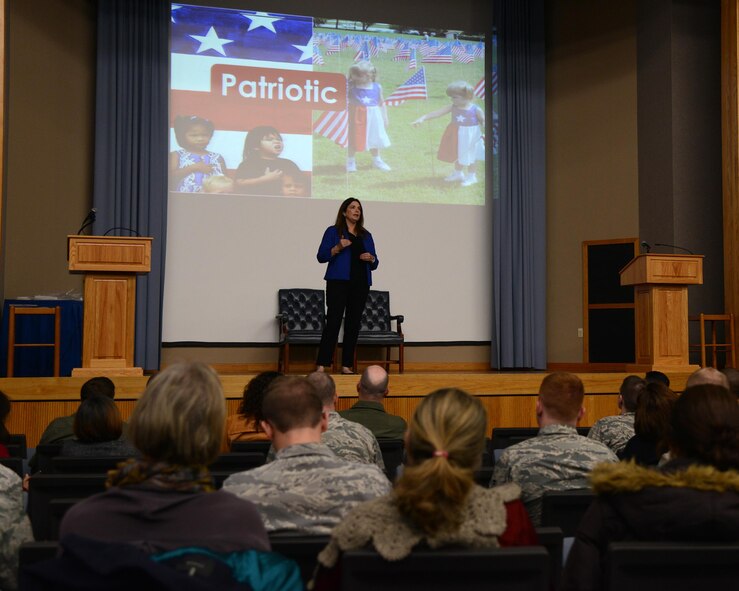 Ellie Kay, Heroes at Home founder, speaks to members of the 47th Flying Training Wing in Anderson Hall on Laughlin Air Force Base, Texas, Jan. 28, 2016. Kay travels to military bases to speak about finance management, stress management and life as a military spouse. (U.S. Air Force photo by Airman 1st Class Brandon May)